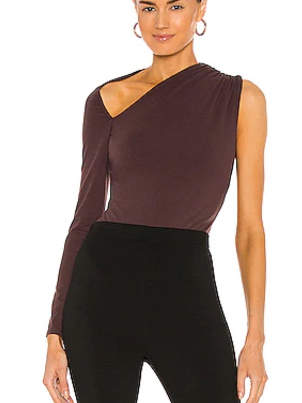 🌟 Michael Costello One-Shoulder Long-Sleeve Bodysuit in Brown